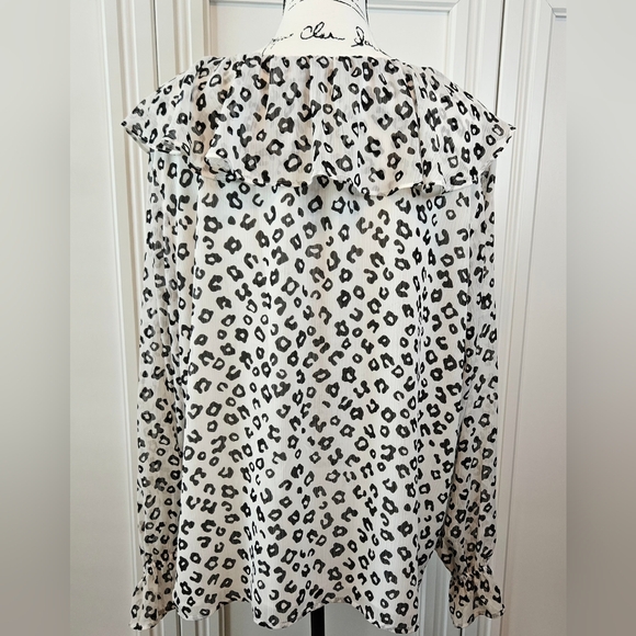 LOFT Black and White Ruffled Bib Collar Blouse, Fully Lined - Picture 2 of 6